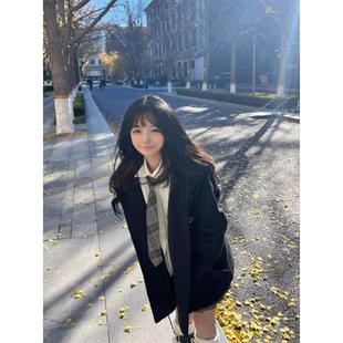 黑色牛角扣呢子大衣女连帽2025冬季新款韩系jk加厚小个子毛呢外套