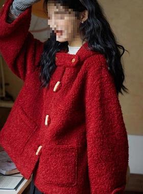 红色牛角扣短款连帽大衣小个子秋冬新款感圈圈毛呢外套女