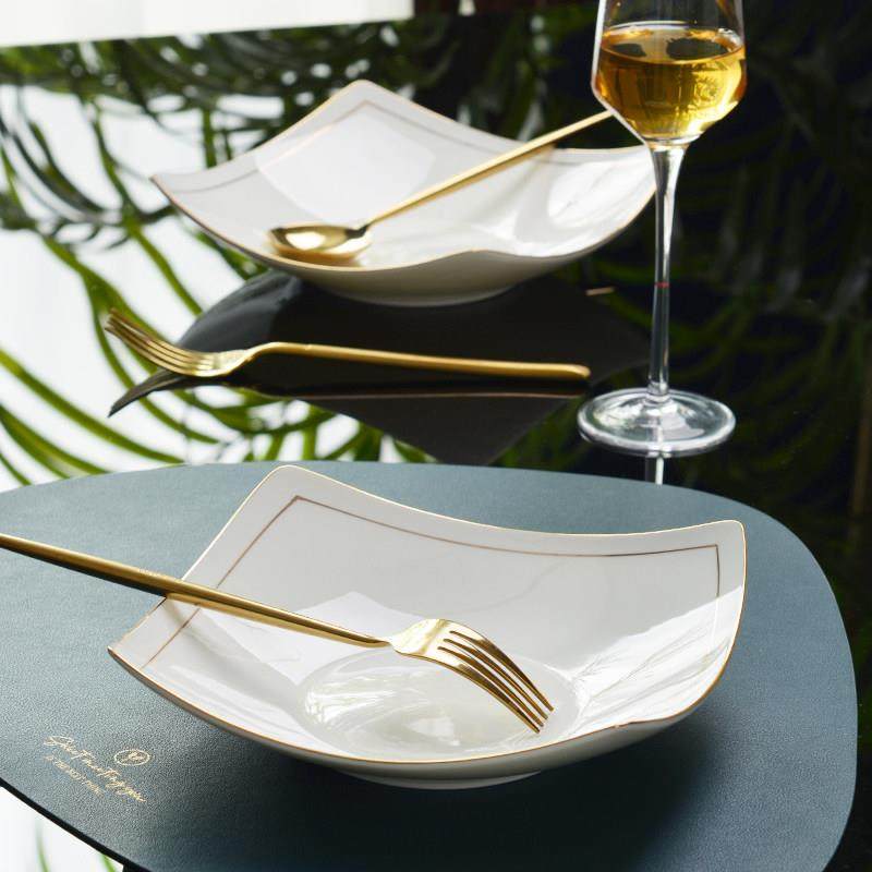 双金线 线骨瓷盘子中式家用陶瓷盘子金边创意深盘碟四方形装炒菜,餐饮具,盘,淘宝优惠券,粉丝福利购,淘宝优惠卷