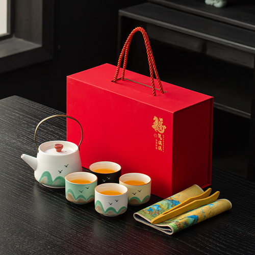 手绘江山陶瓷提梁壶茶具商务礼品套装公司年会送客户伴手礼品