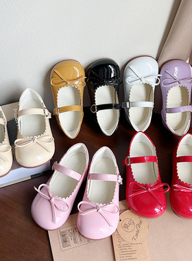 韩国童鞋2024女童春季新款韩版蝴蝶结公主皮鞋儿童玛丽珍红色单鞋