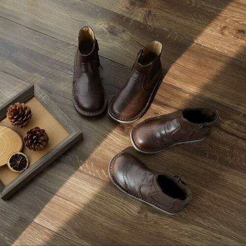 复古侧拉链牛皮短靴皮靴女童韩版