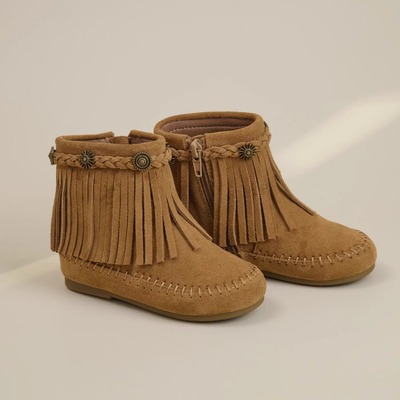 韩版童鞋2025女童秋冬新款复古流苏磨砂真皮短靴儿童侧拉链靴子