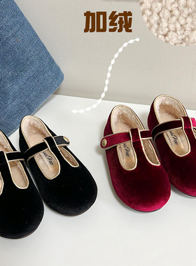 韩国童鞋2025女童冬季新款韩版金丝绒玛丽珍公主皮鞋儿童加绒棉鞋