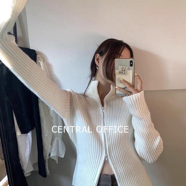 慵懒简约双向拉链 高领显瘦坑条竖条纹 棉质针织毛衣开衫上衣