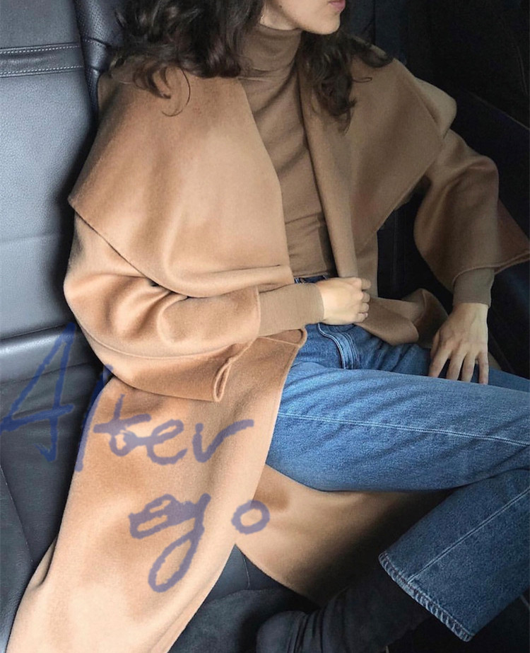 北欧100%羊毛手工双面羊绒毛呢大衣女 中长款茧型宽松厚外套