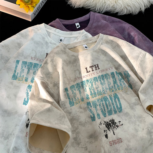 扎染重磅短袖T恤男宽松印花潮