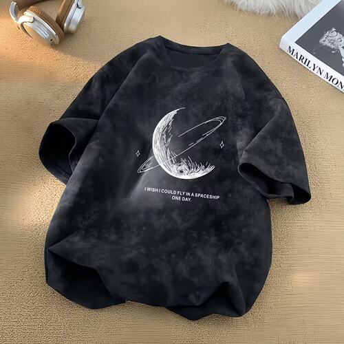 扎染麂皮绒重磅宽松短袖T恤男