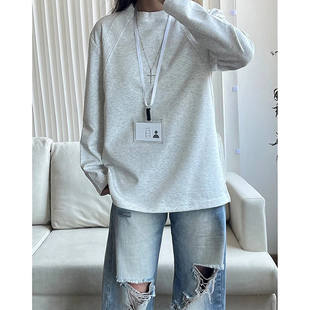 白花灰拼接卫衣男款秋冬加绒boxy版型圆领长袖T恤美式内搭打底衫