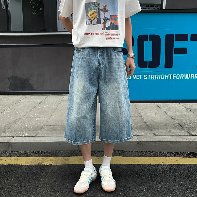水洗复古拼接牛仔七分裤男夏季