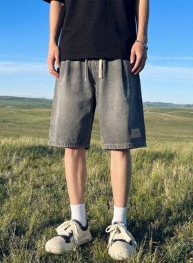 美式复古做旧宽松牛仔五分短裤男