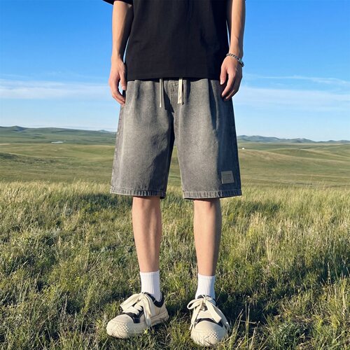 美式复古做旧宽松牛仔五分短裤男
