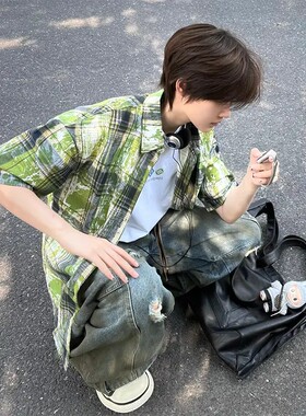 潮牌美式复古磨毛格子外套男夏季新款高级感短袖衬衫男装休闲衬衣