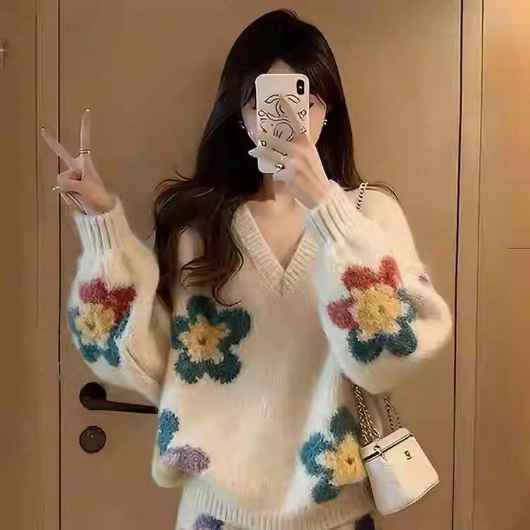 韩风chic一整套慵懒松弛感温毛针织衫