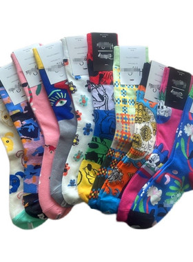 新款联名款袜子女秋冬季中筒袜潮流彩色纯棉提花可爱卡通棉袜情侣