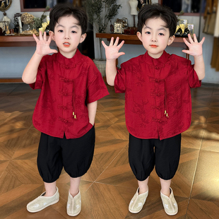 汉服男童夏季新中式中国风短袖套装儿童高端刺绣礼服宝宝古装唐装