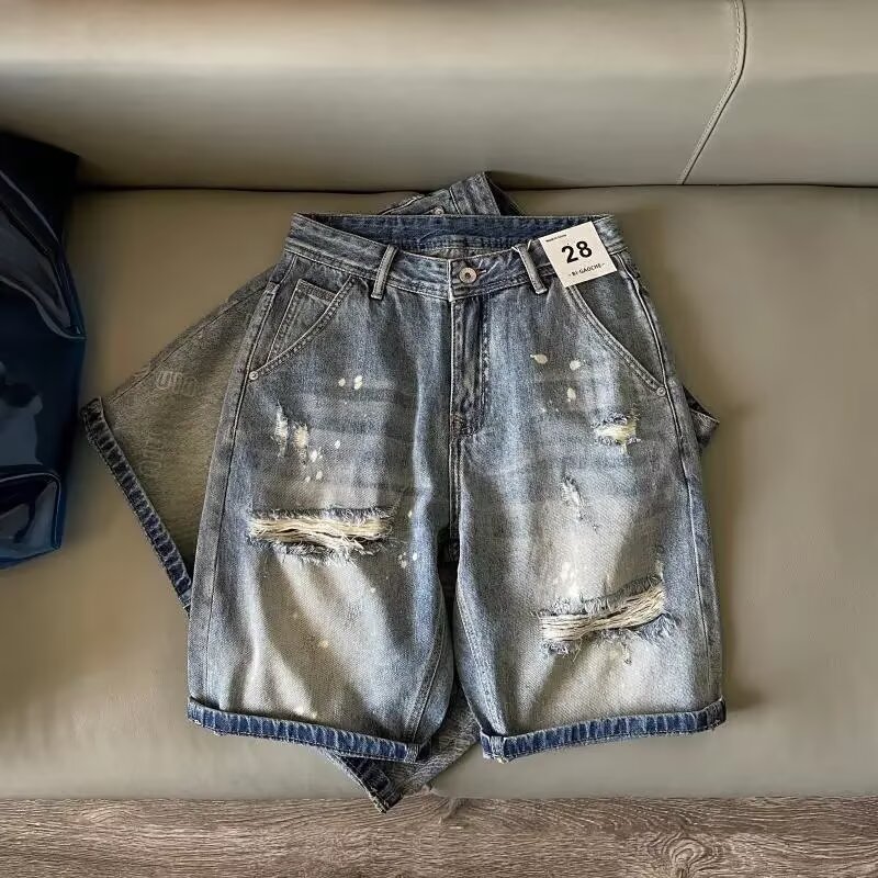 夏季新款高级设计感男生痞帅刮烂泼墨破洞牛仔短裤男士潮牌五分裤