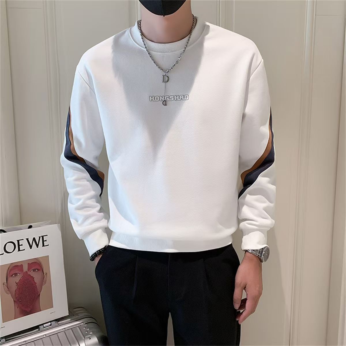 高级感撞色条纹卫衣男痞帅