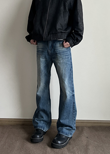 COCKTAIL美式复古做旧蓝色微喇显瘦牛仔裤男女新款直筒水洗裤子