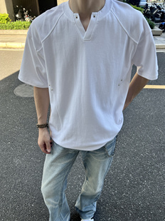 COCKTAIL美式复古解构设计感V领短袖T恤男女宽松休闲夏季新款短袖