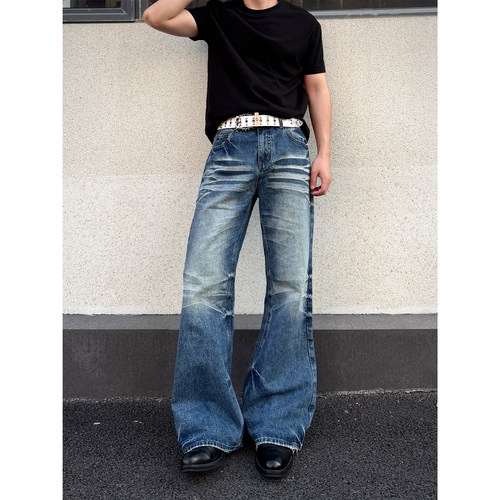 COCKTAIL平价神牛1号冰川蓝猫须纹微喇牛仔裤男士高级感裤子517