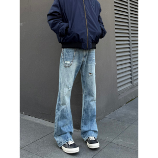 男潮牌潮流炸街渐变水洗宽松痞帅 复古破洞牛仔裤 COCKTAIL BAR美式