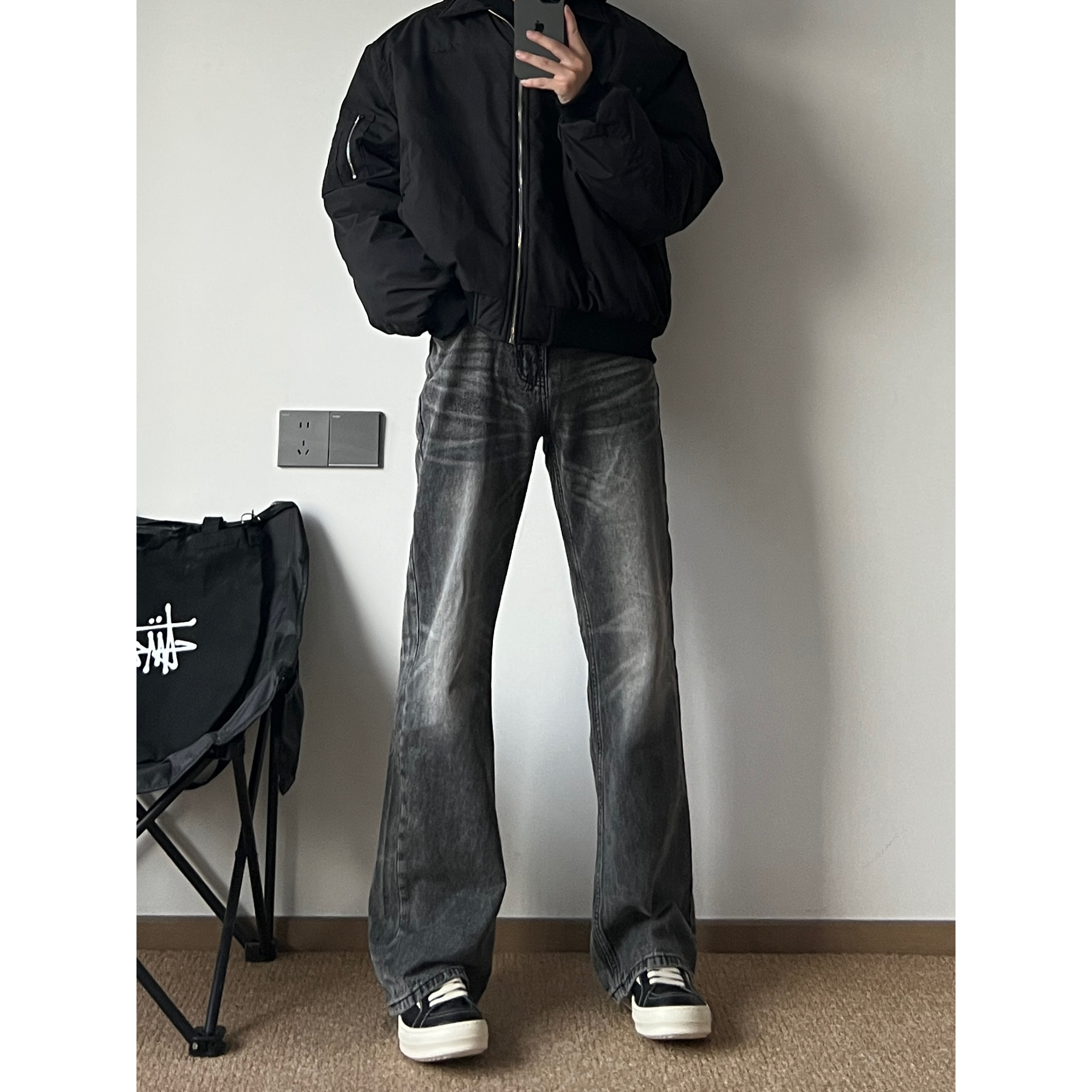 美式复古cleanfit黑灰色牛仔裤