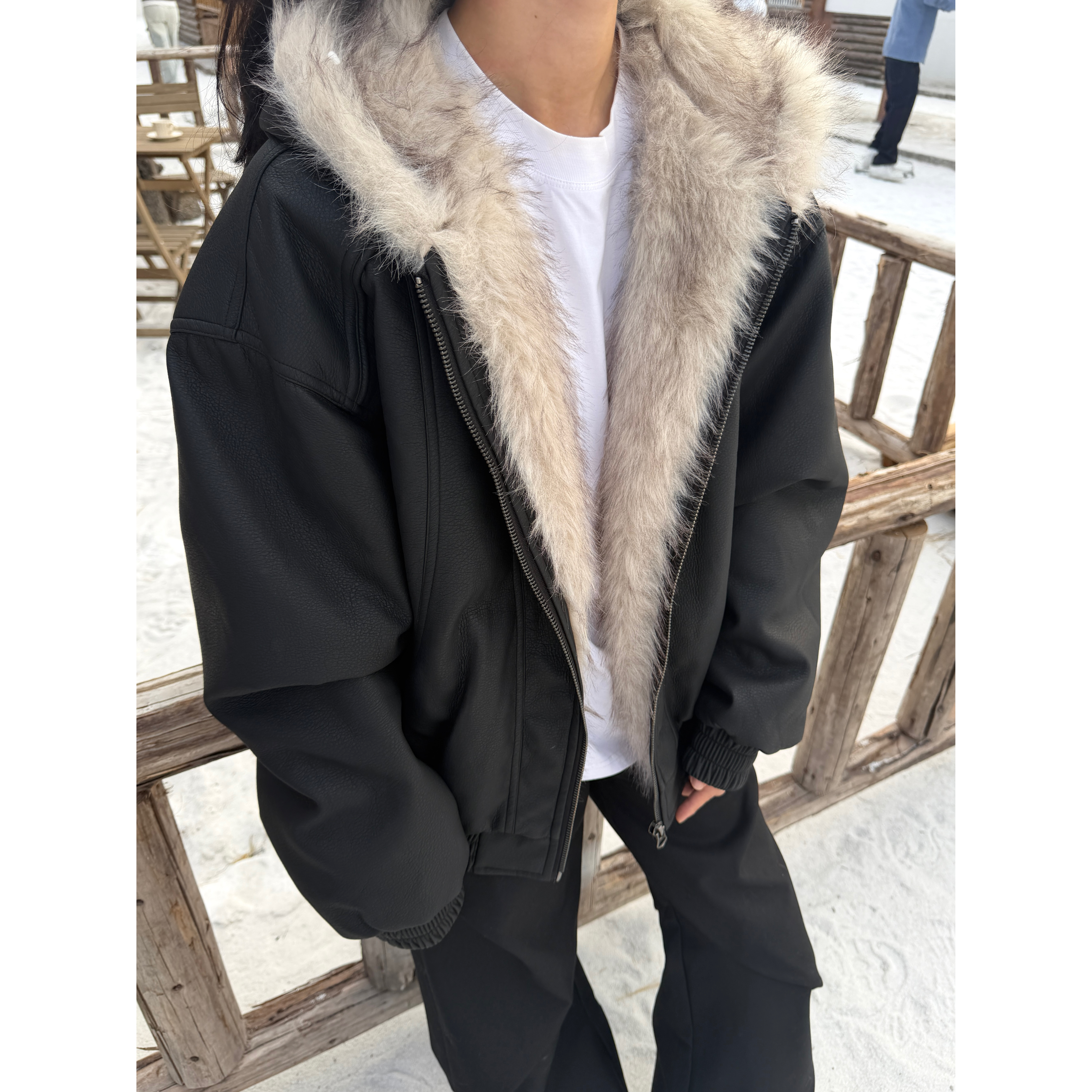 COCKTAIL大毛领PU皮外套连帽加厚棉服男女秋冬美式棉衣cleanfit