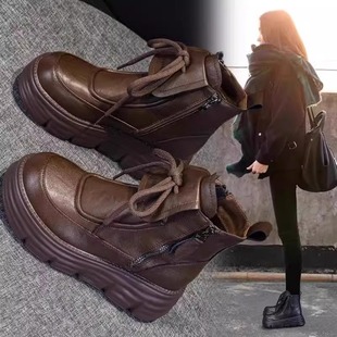 品牌真皮厚底马丁靴女2025年秋冬复古英伦风短靴小个增高雪地女靴