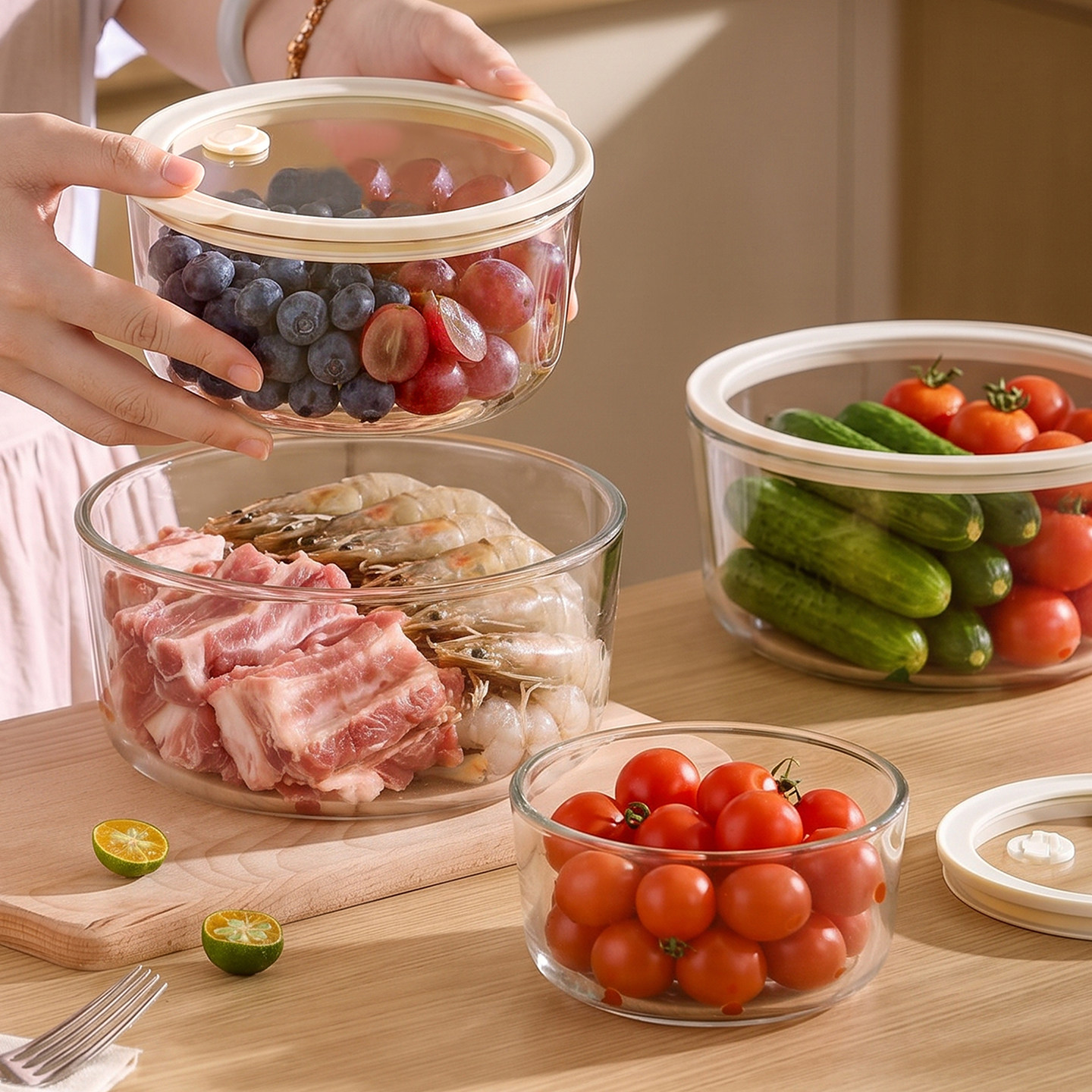 圆形玻璃保鲜盒食品级冰箱专用带盖密封罐冷冻盒微波炉饭盒保鲜碗