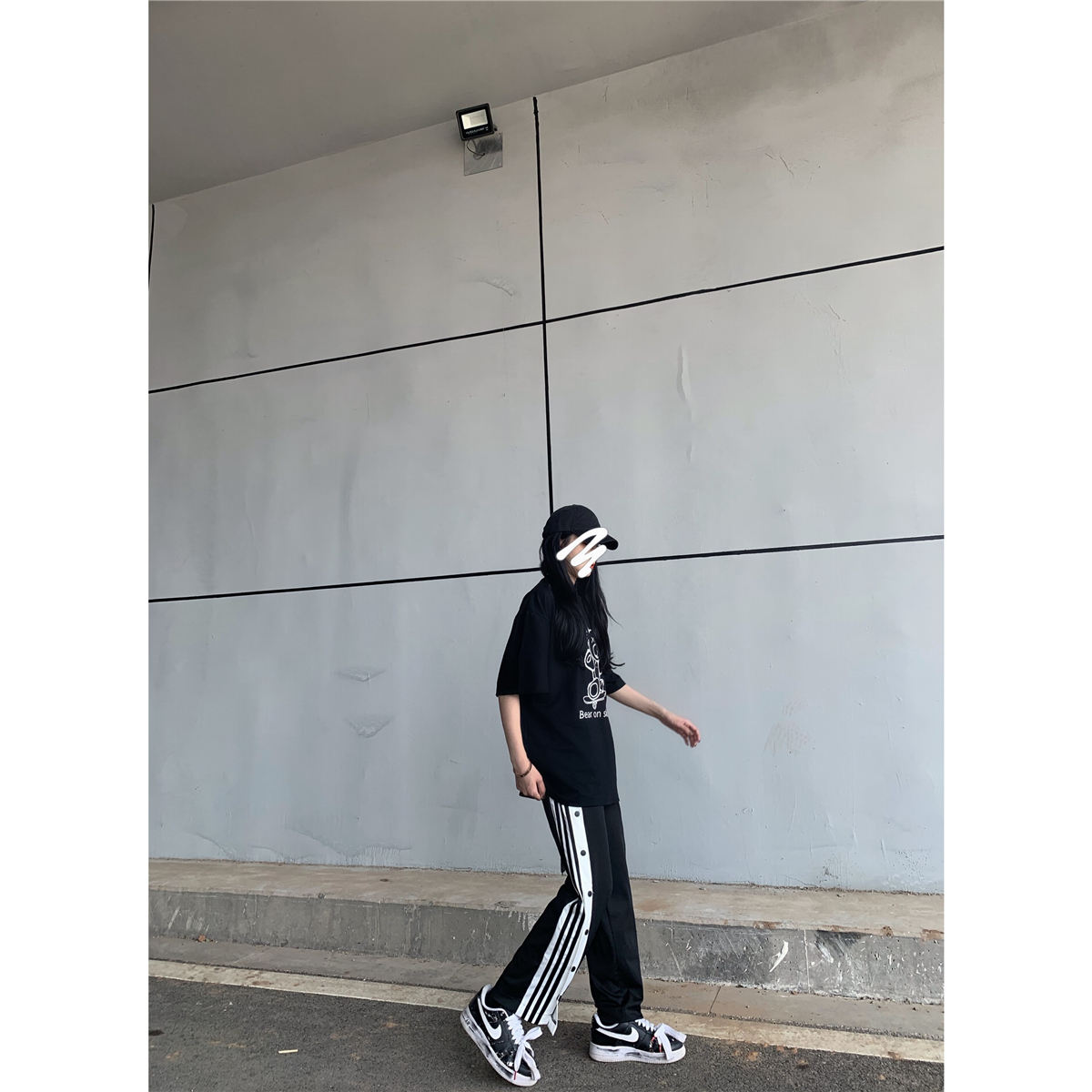晚风晚晚 港味chic侧条纹超火排扣阔腿裤酷帅女孩高腰显瘦长裤潮