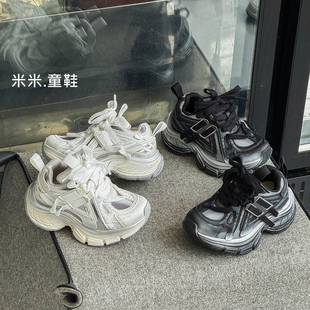 2026秋季新款潮酷男童老爹鞋女童运动鞋白色厚底双网休闲单鞋轻便