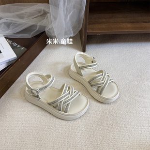 韩版女童凉鞋水钻交叉带公主鞋夏季3-7岁9女中大童露趾沙滩鞋防滑