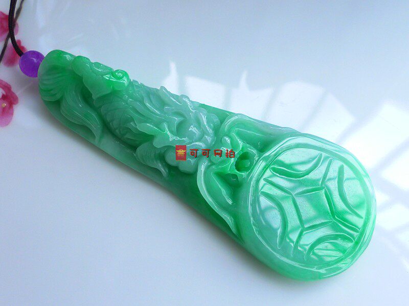 缅甸翡翠A货糯种阳绿色望子成龙