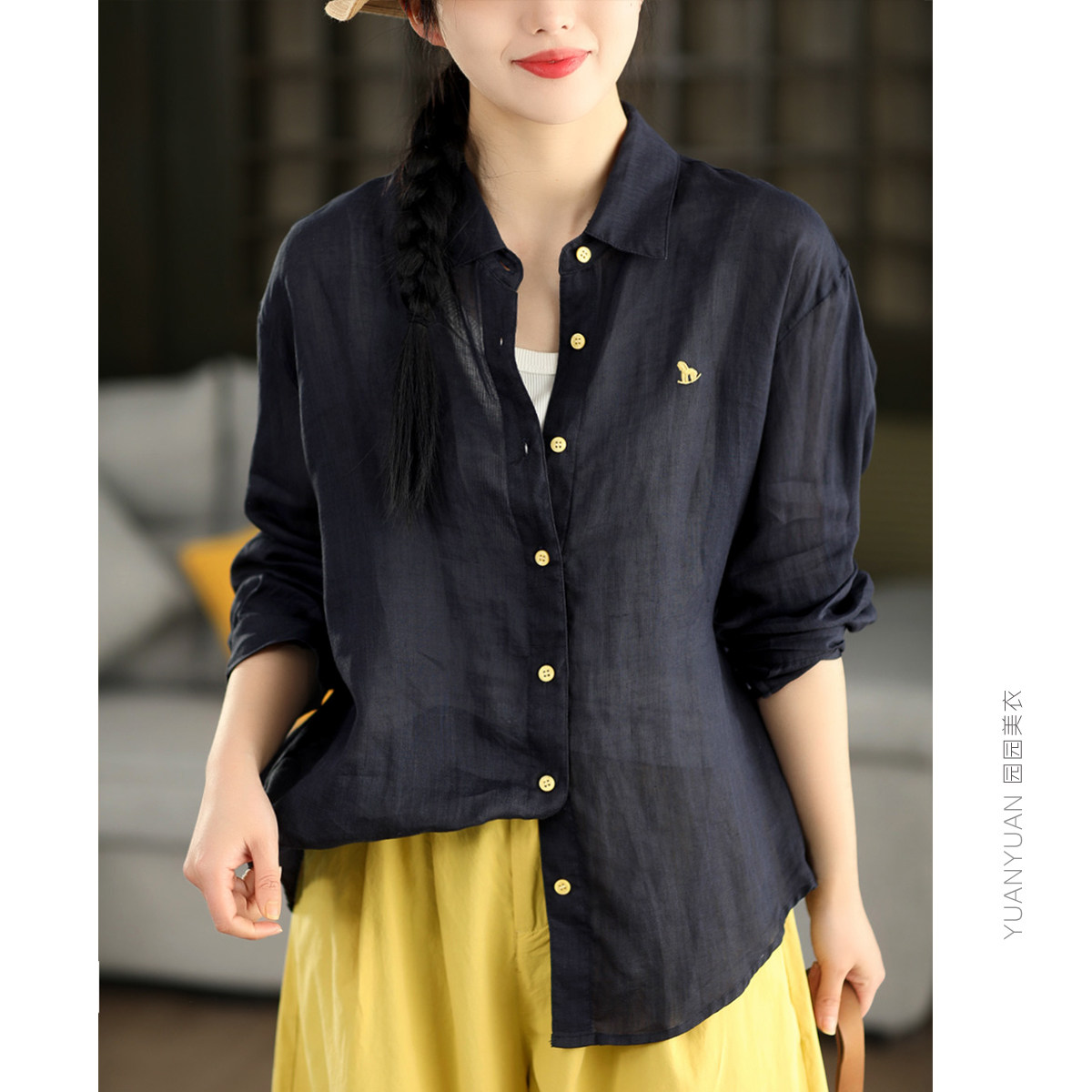 园园美衣复古100%苎麻刺绣衬衫女文艺撞色单排扣衬衣长袖上衣气质