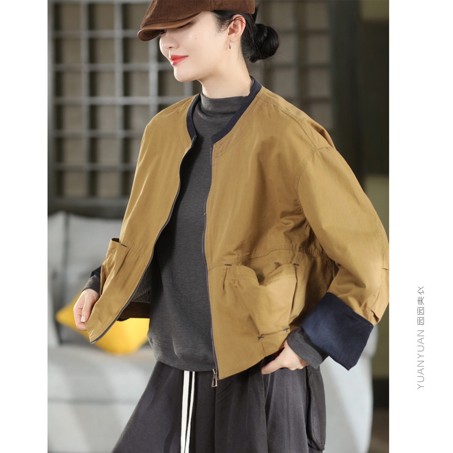 园园美衣复古100%棉双层夹克外套女2026年秋款拉链休闲开衫外搭