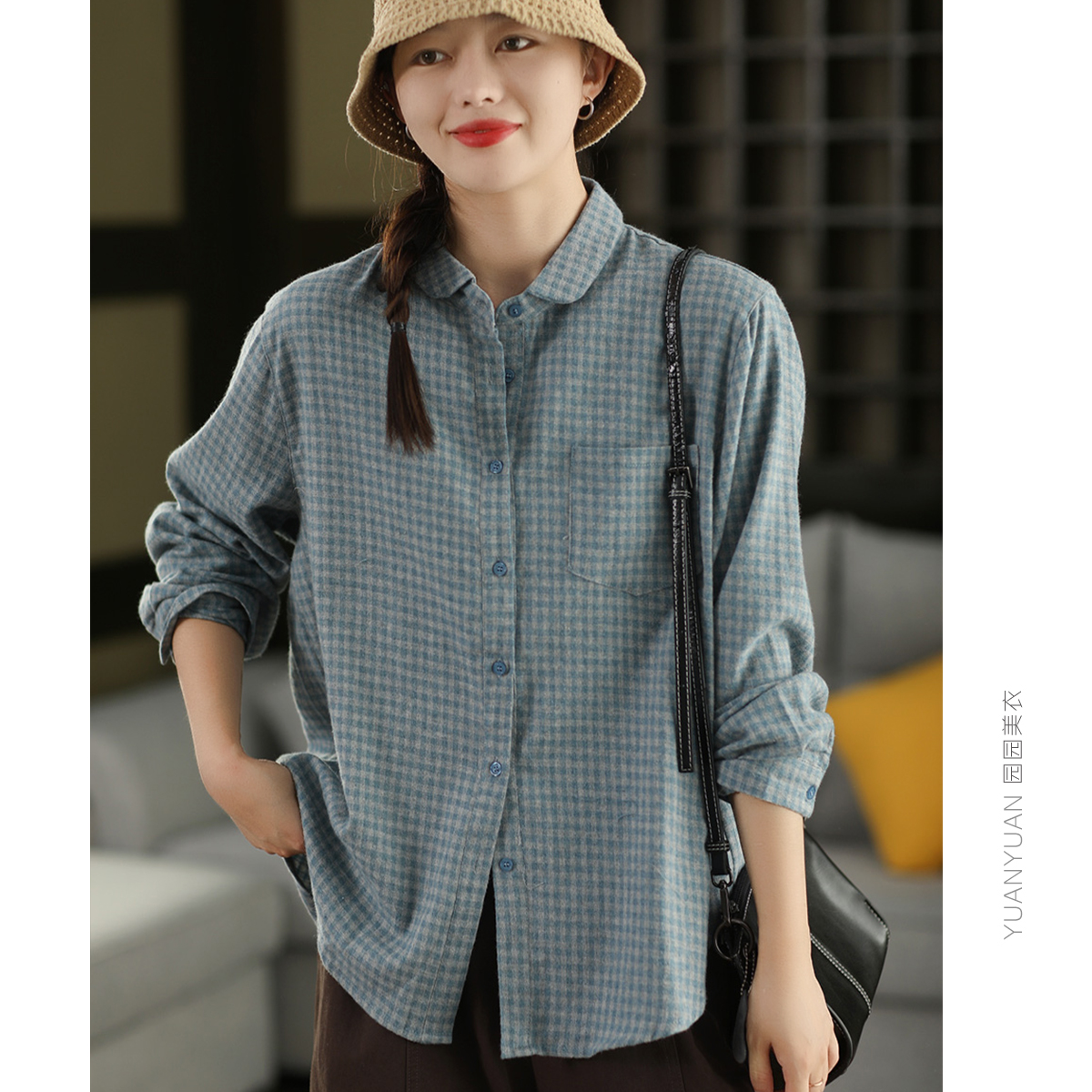 园园美衣复古磨毛全棉格子衬衫文艺衬衫秋款长袖单排扣格纹上衣