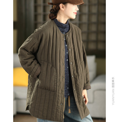 中长款绗线夹棉亚麻棉袄外套