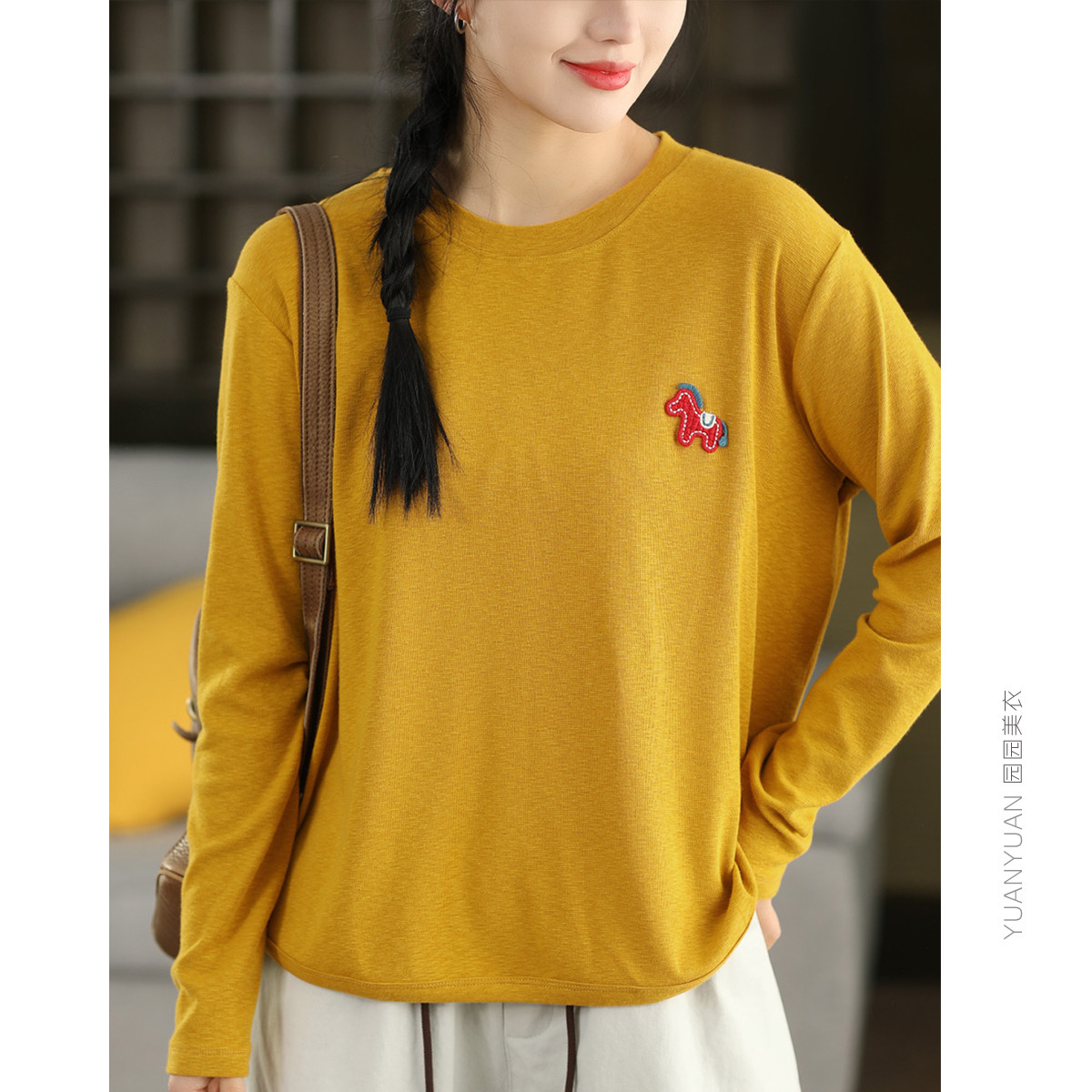 园园美衣复古贴布小马长袖上衣女春款棉质套头衫休闲百搭T恤内搭,女装/女士精品,T恤,淘宝优惠券,粉丝福利购,淘宝优惠卷