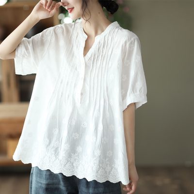 宽松复古套头短袖全棉刺绣衬衫