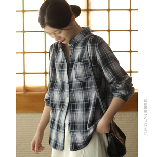 园园美衣复古色织格纹全棉衬衫 上衣外套春 女文艺格子衬衣气质开衫