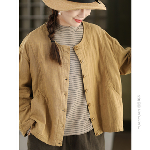 园园美衣复古重工100%麻双层短外套女内里全棉圆领单排扣开衫外搭