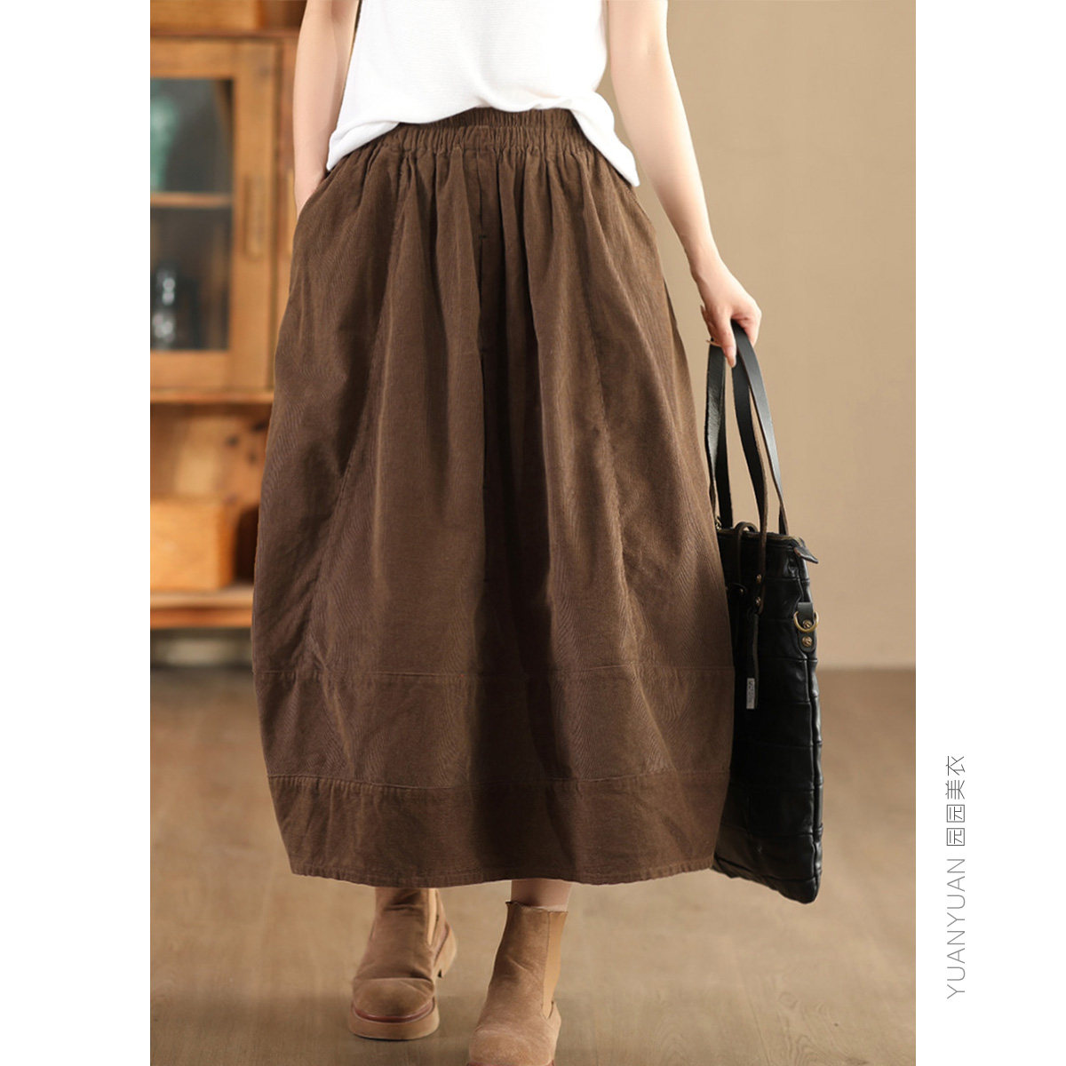 中长款灯芯绒复古松紧腰半身裙