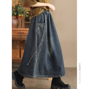 系带高腰全棉牛仔裙女松紧腰显瘦大摆裙中长款 A字裙气质半身裙春