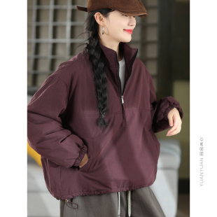 园园美衣冬季复古棉夹棉套头棉衣女时尚半拉链加厚保暖棉袄