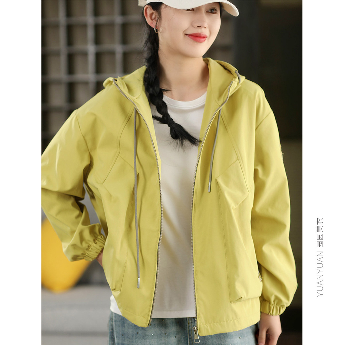 园园美衣复古高密棉连帽双层外套女春款时尚抽绳夹克休闲开衫外搭