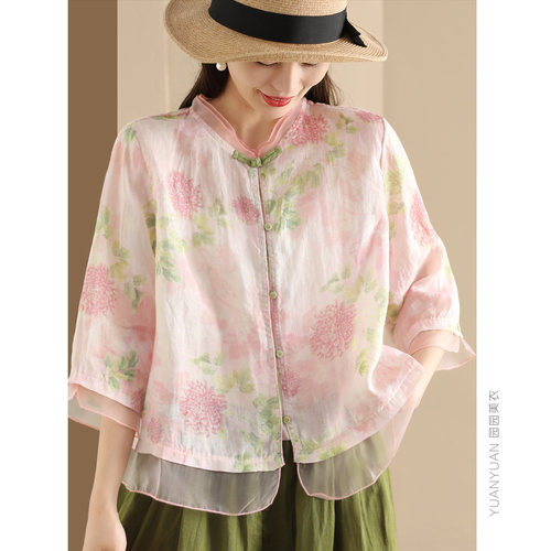 宽松复古单排扣苎麻印花衬衫