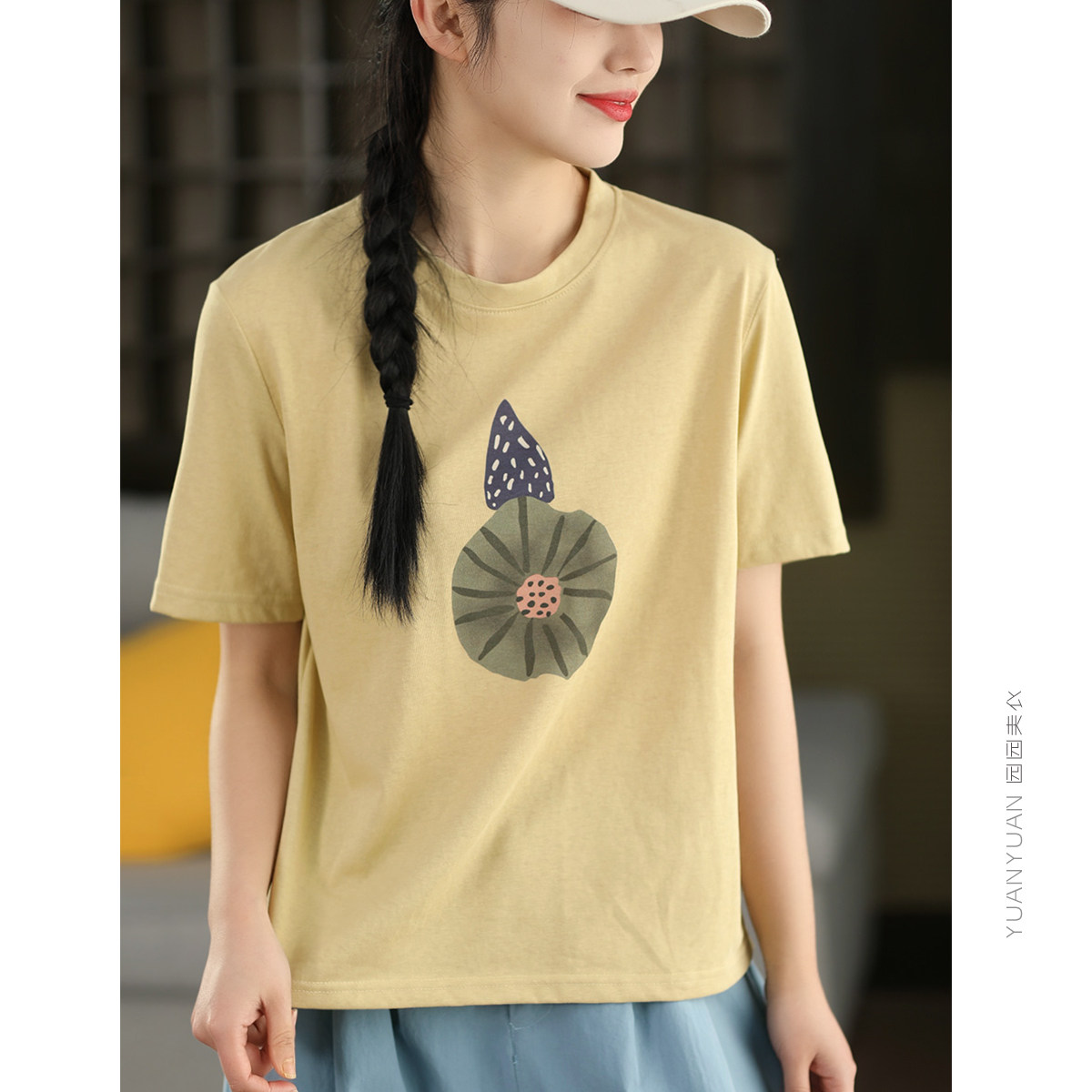 园园美衣文艺印花棉质短袖女夏季百搭宽松圆领套头衫上衣T恤显瘦