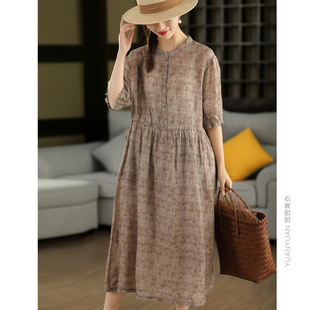 复古炒染印花100%苎麻连衣裙女花边领高腰抽绳大摆裙双层长裤夏