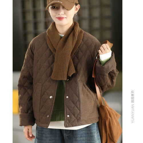 菱格夹棉棉袄两件套围巾外套